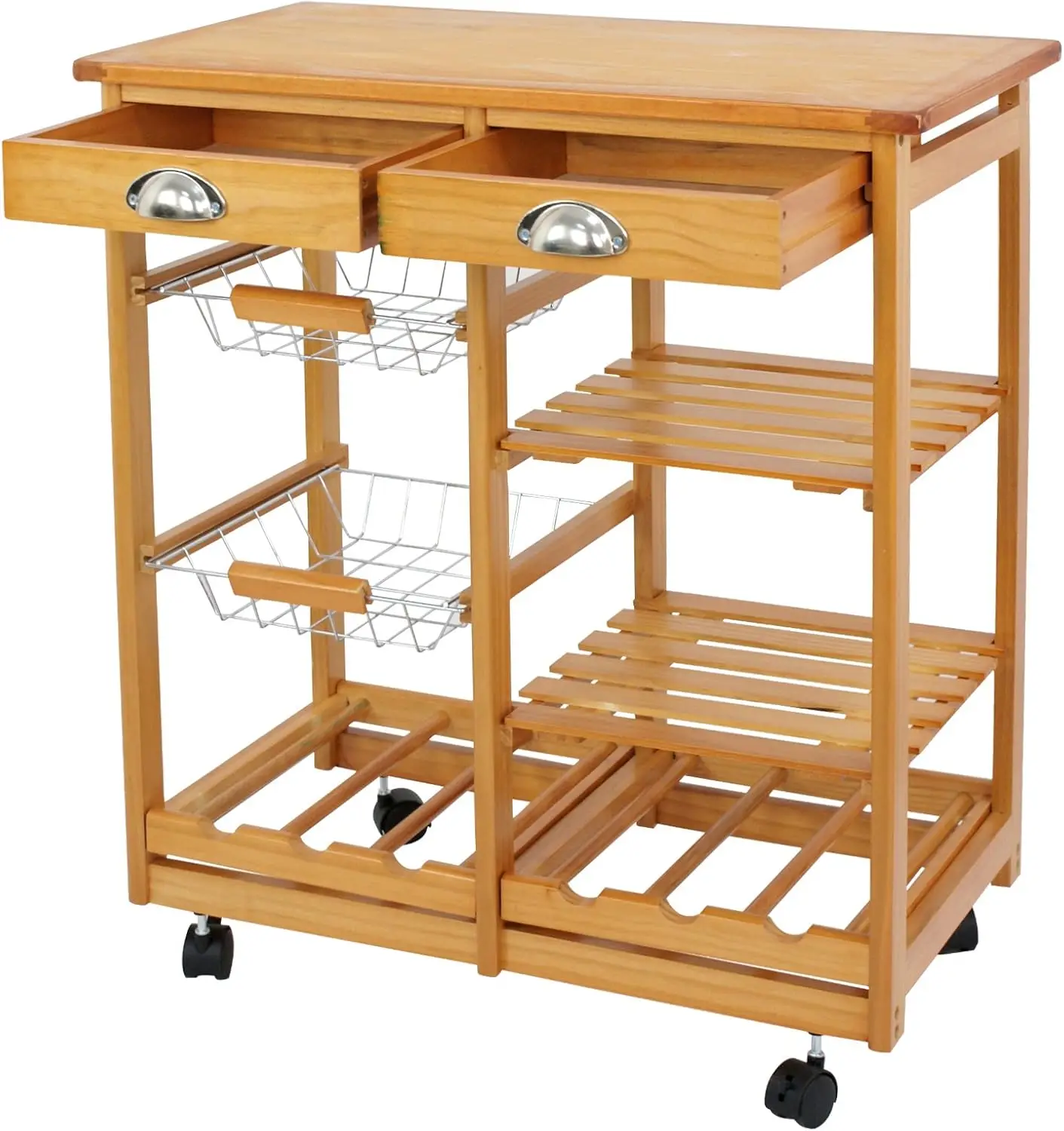 Kitchen Island Cart with Storage, Rolling Side Table on Wheels with 2 Drawers, 3 Shelves, Lockable Casters for Dining Room