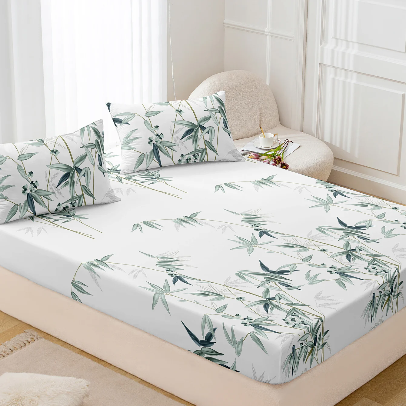 3-teiliges weiches und atmungsaktives Spannbettlaken-Set mit Pflanzenmuster – luxuriöse Bettwäsche für ein angenehmes Schlaferlebnis im Bettlaken-Set – Detail 1