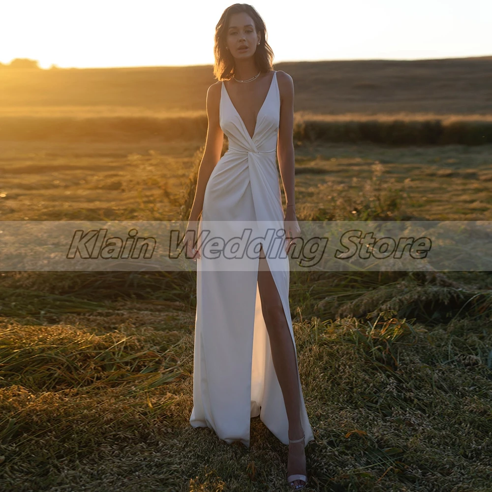 Weilinsha Sexy Deep V Neck Jersey Wedding Dress Ladies Sleeveless Pleats Split Bridal Gowns with Open Back Robe De Mariee 2023