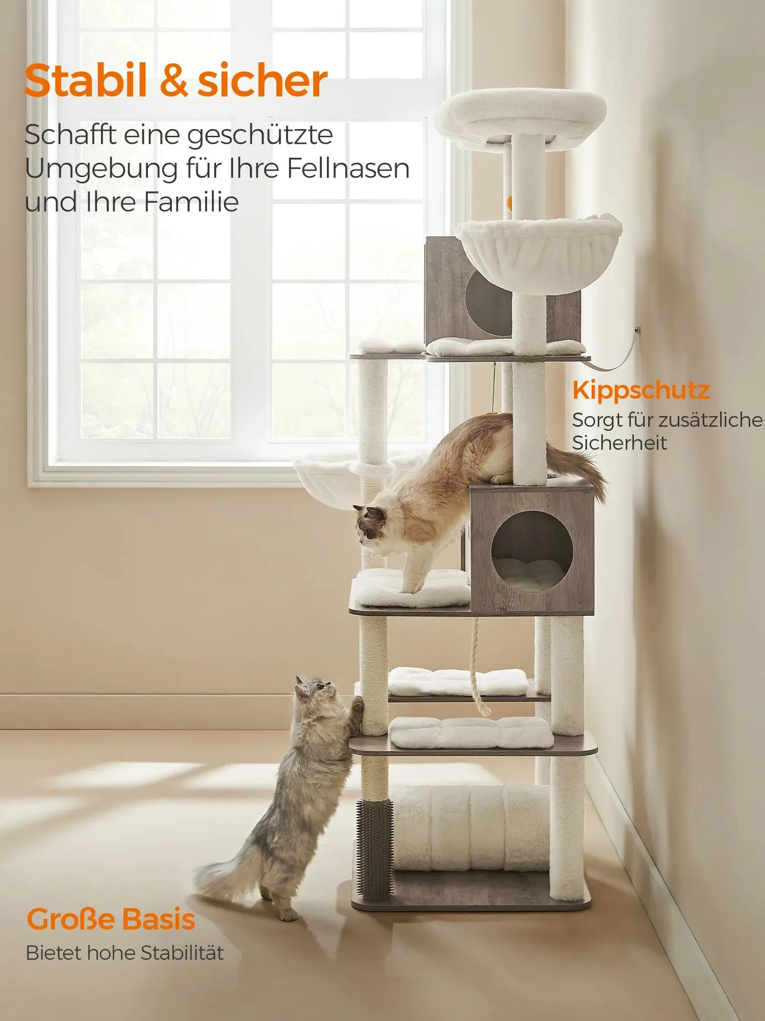 Feandrea Kratzbaum groß, 197 cm hoch, Katzenbaum XXL, modern, mehrstöckiges Katzenhaus mit 2 Höhlen, 2 Liegemulden