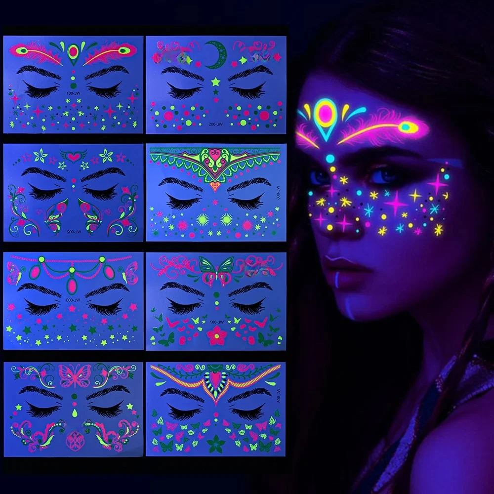 Autocollant visage Fluorescent papillon faux tatouage corporel autocollant étanche mascarade néon Festival de musique fête maquillage paillettes 1 pièce