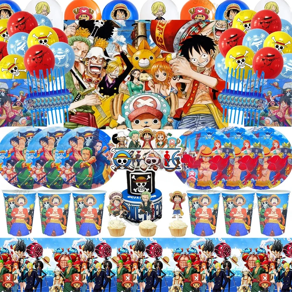 Luffy une pièce Anime Pirate roi thème vaisselle fille garçon faveur événement cadeaux fournitures de fête d'anniversaire décor numéro feuille Ballon