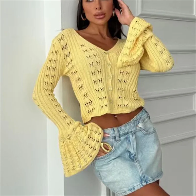 

Женская сексуальная прозрачная вязаная блузка с длинными расклешенными рукавами, укороченный топ, вязаное крючком бикини, пляжные накидки, тонкие свитера Blusa