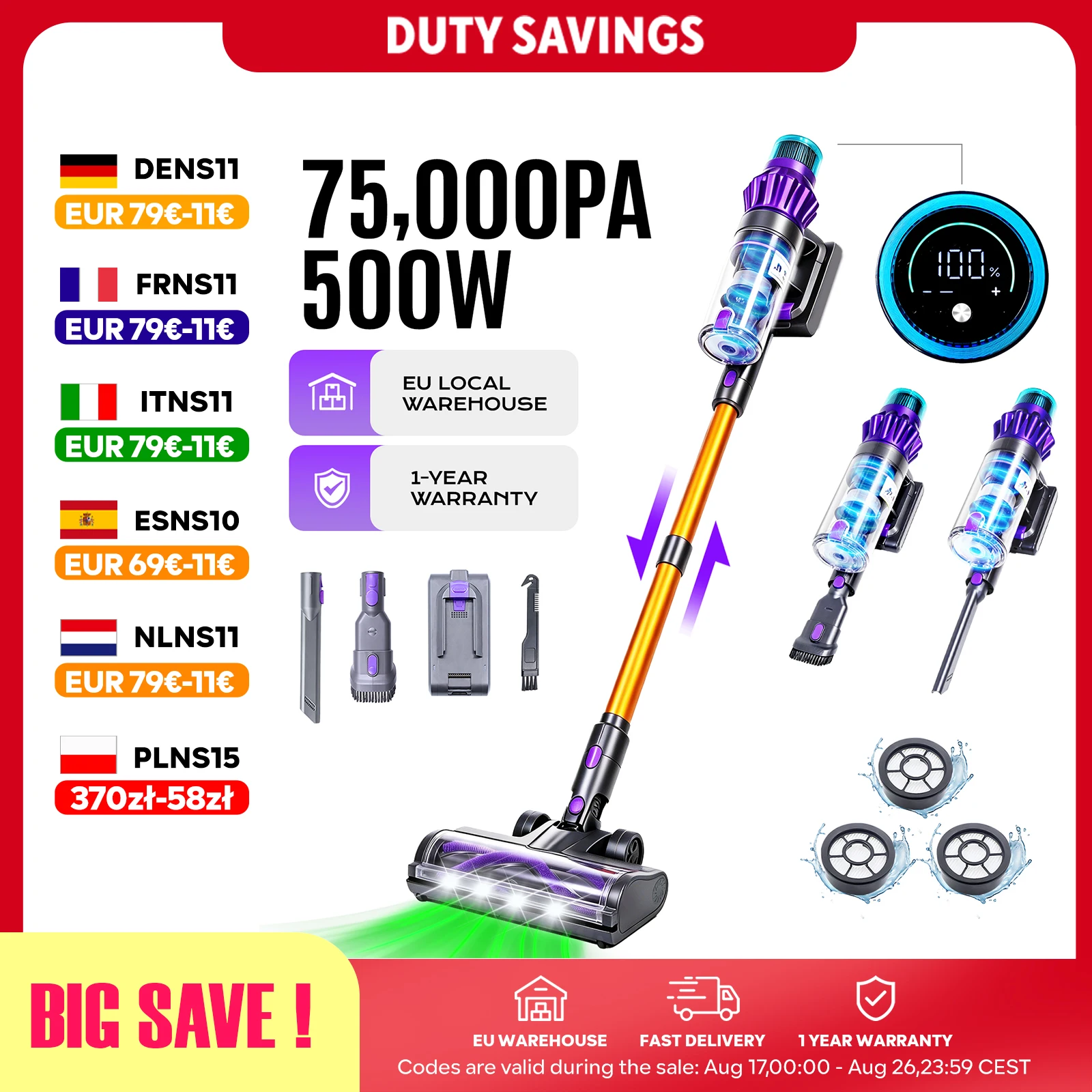 V16 500W 75Kpa Aspirateur sans Fil avec Écran Tactile, Mode Auto, Capteur de Poussière Infrarouge, Filtration HEPA 6 Étages, 60min Autonomie, Batterie Amovible, Écran LED pour Sol Dur, Moquette et Poils d'Animaux
