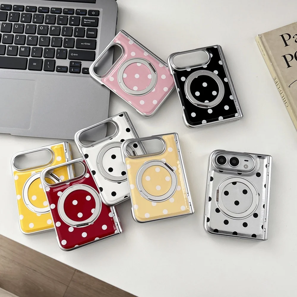 New Korean Ins Polka Dot Magnetic Phone Case for iPhone Duo Cover With Magsafe Holder, Luxury Anti‑Fall Folding Protective Cases