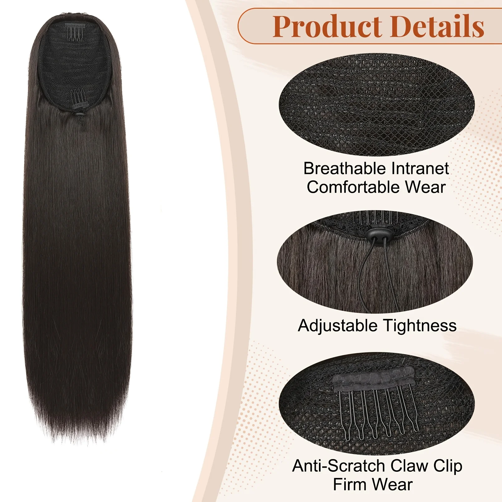 스트레이트 드로스트링 포니테일 브라질리언 버진 인모 헤어 익스텐션 스트레이트 인모 내추럴 블랙 컬러 헤어 포니테일