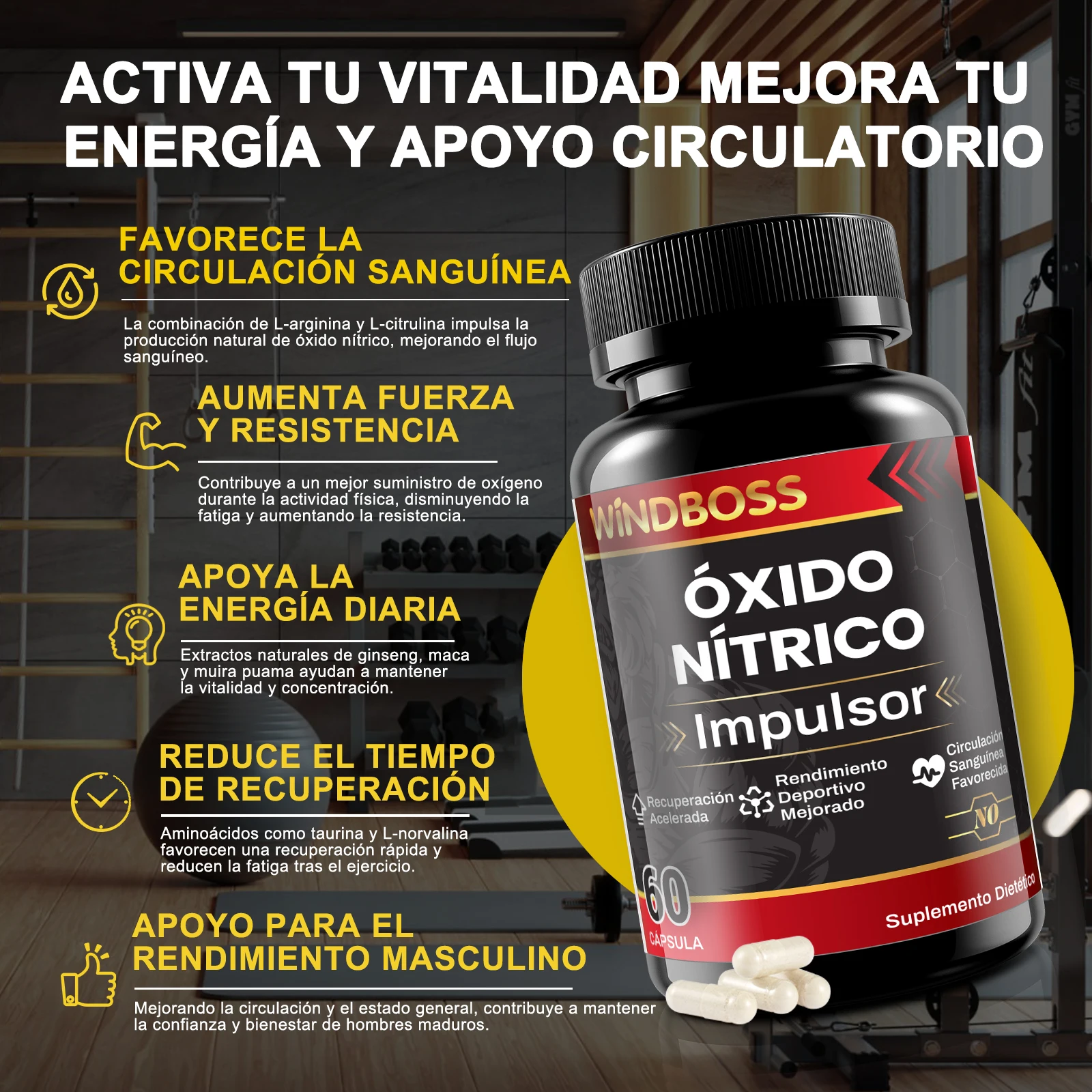 مكمل Windboss للرجال - دعم البروستاتا والدورة الدموية - مستخلصات طبيعية، الأحماض الأمينية، المعادن - Saw Palmetto، L-Arginine، Maca، Zinc - عبوة من زجاجتين