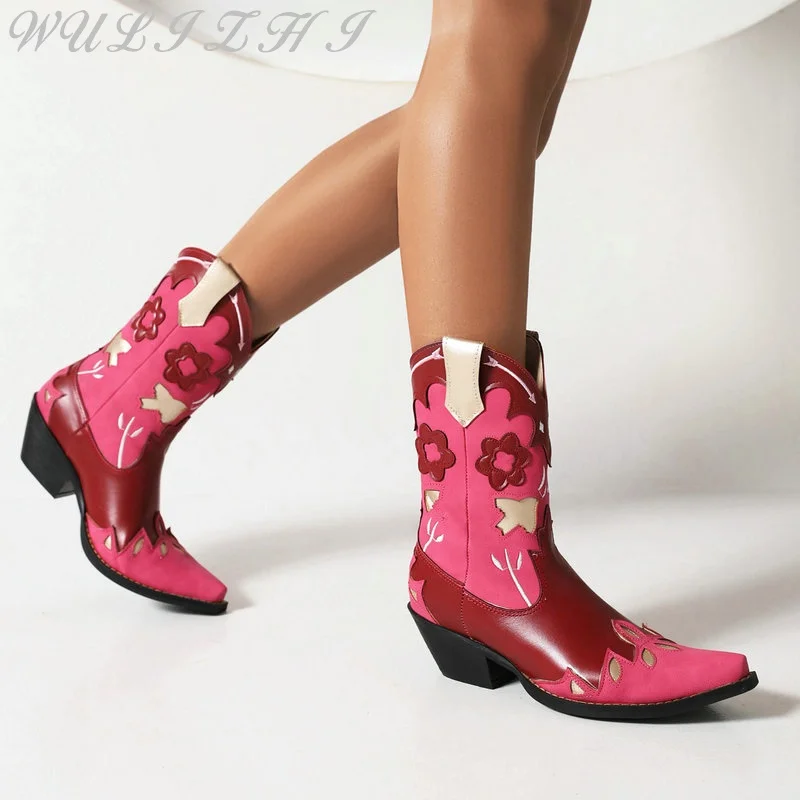 Vintage Embroidered Thick Heel Short Boots Pointed Toe Pattern Medium Heel Red Western Cowboy Boots Women Slip On Mid Calf Boots