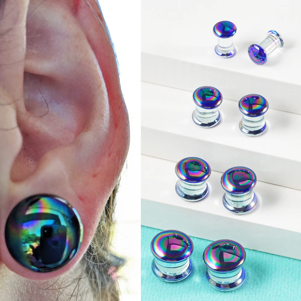 Pair Stunning Oil Slick Design Pyrex Glass Double Flare Plugs Ear Tunnels Double Flared Plugs Flesh Stretchers Piercing Earrings