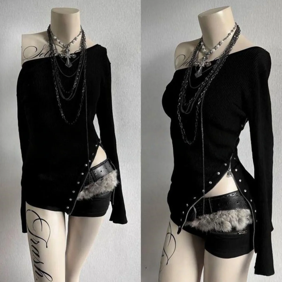 Camiseta Retro con Cuello Asimétrico y Cremallera, Manga Larga, Estilo Gótico Y2K, Ajustada, Rock, Punk, Hip Hop, Urbana, Sexy, Moda 2026 para Mujer