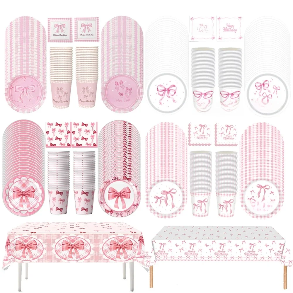 Ensemble de vaisselle jetable thème nœud rose, assiettes en papier, gobelets, serviettes, fournitures de décoration pour fête d'anniversaire pour filles, mariage, réception-cadeau pour bébé