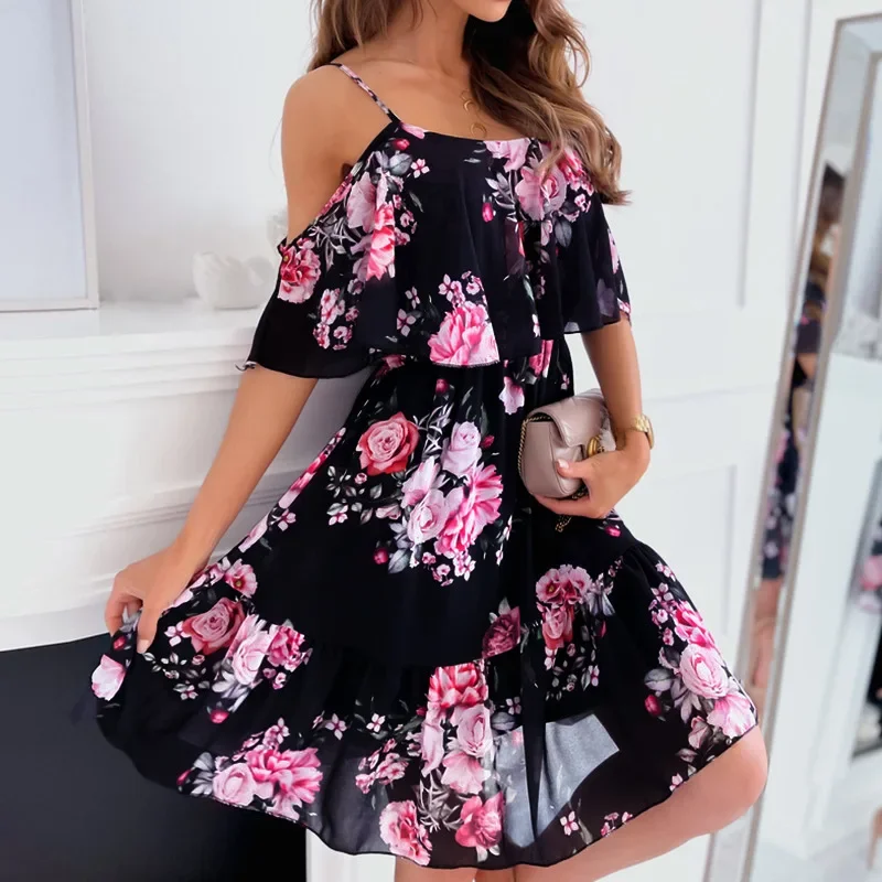 Damen Sommerkleid mit V-Ausschnitt, ärmellos, Schlinge, Leibchen, Pendler, bedruckt, Chiffon, böhmisches Blumenkleid für Damen