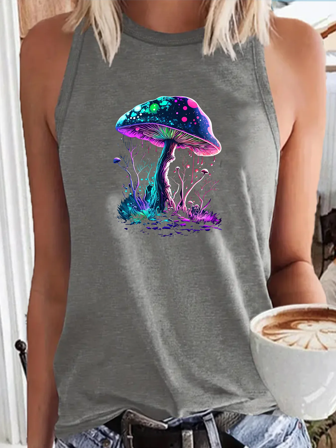 Summer Colorful Giant Mushrooms Fashion Funny Sports Women's Tank Top Loose O Neck Sleeveless Casual Tank