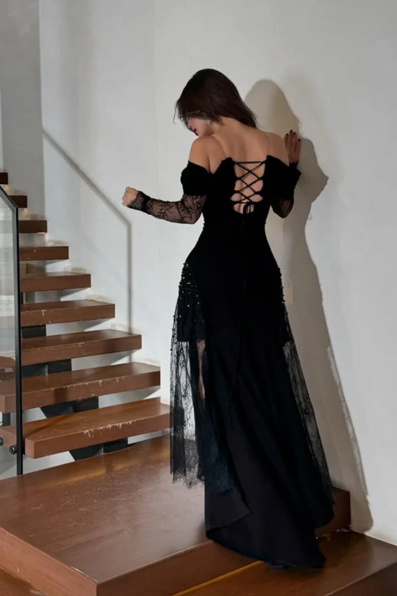 Jessica Black Lace Long-sleeved Shirt Evening Dresses Formal Occasions Prom Dresses Sexy Off-the-shoulder Party Dresses