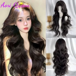 AOSIQUEEN Brown Wavy Wigs for Women with Bangs Long Natural Synthetic Hair Wig Daily Cosplay Heat Resistant