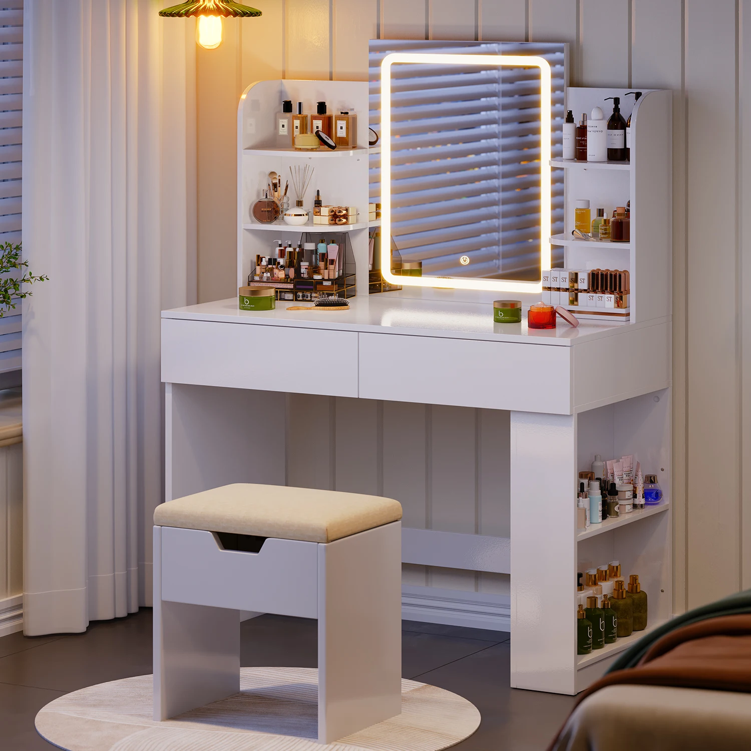 Homall Kaptafel met LED-spiegel en kruk, verstelbare helderheid, 90x40x135cm, make-uptafel met 2 grote laden