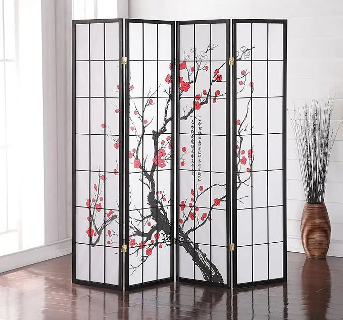 Black  4-Panel Room Divider - Plum Blossom Design, Elegant and Functional for Space Separation