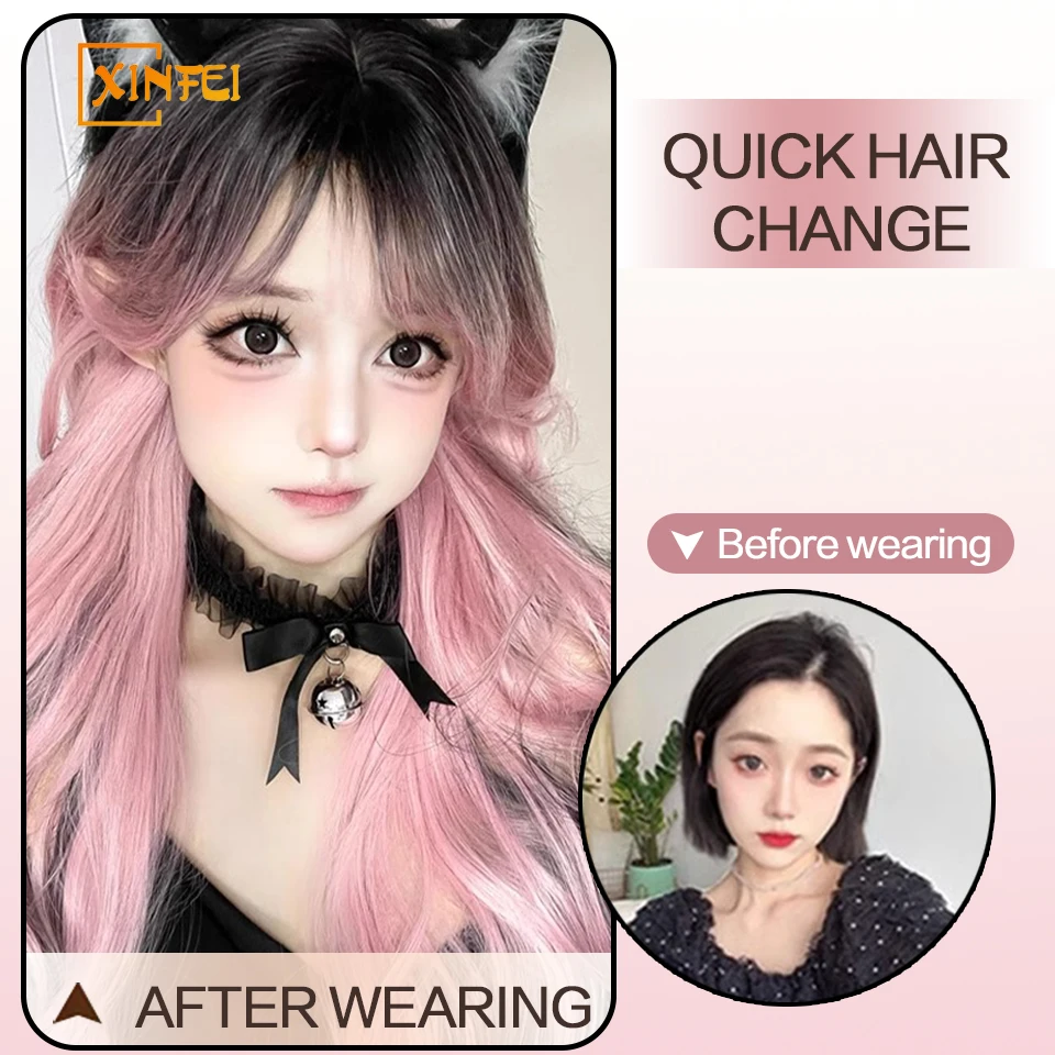 XINFEI Black Pink Ombre parrucche sintetiche per Cosplay parrucche lunghe ondulate a strati con frangia per le donne capelli finti resistenti al calore