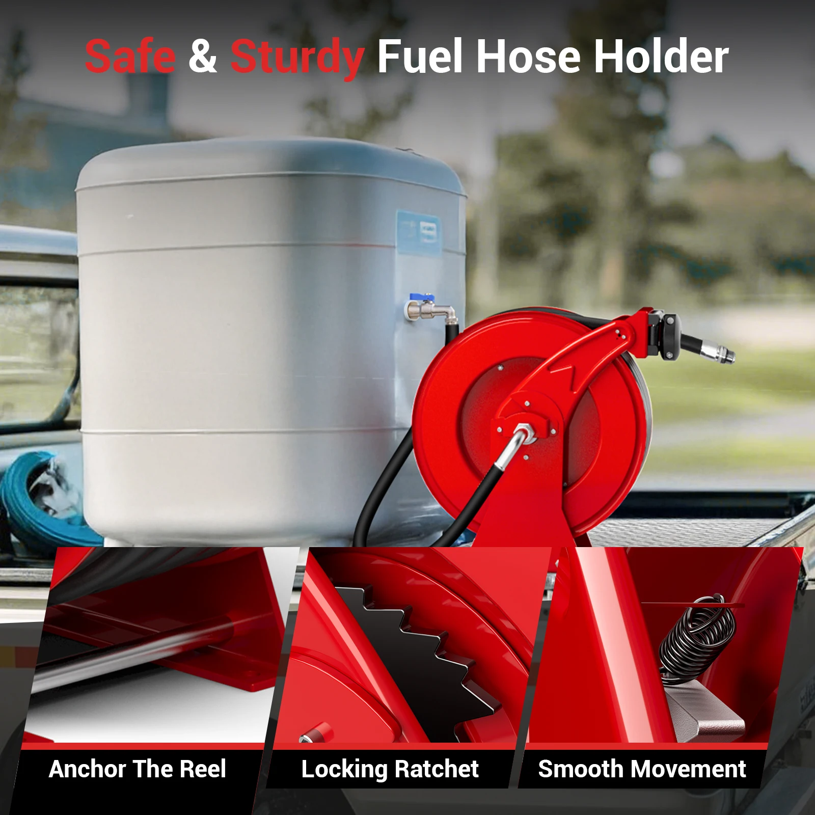 بكرة خرطوم الوقود 1 بوصة × 33 بوصة وقود الديزل القابل للسحب هيكل فولاذي عالي التحمل مع فوهة التزود بالوقود بكرة ديزل 300 رطل لكل بوصة مربعة #5