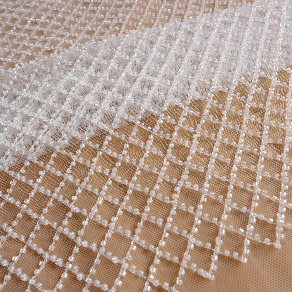 

HelluyerDc Off-white,black beaded lace fabric,simple net embroidery for wedding prom dress fabric by the yard