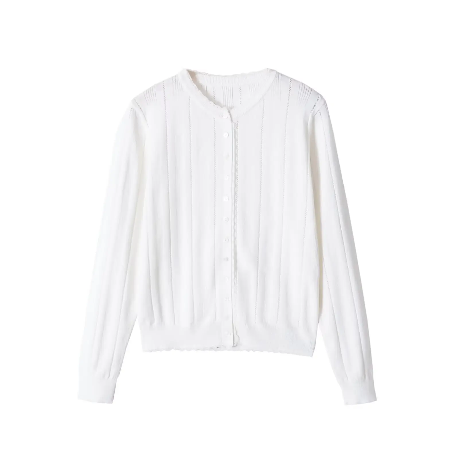 French Style Knitted Top Women Chic Eyelet Stripe Sweaters Fashion Single Breasted Blouses Casual Ruffle Edge Outfits Clothing