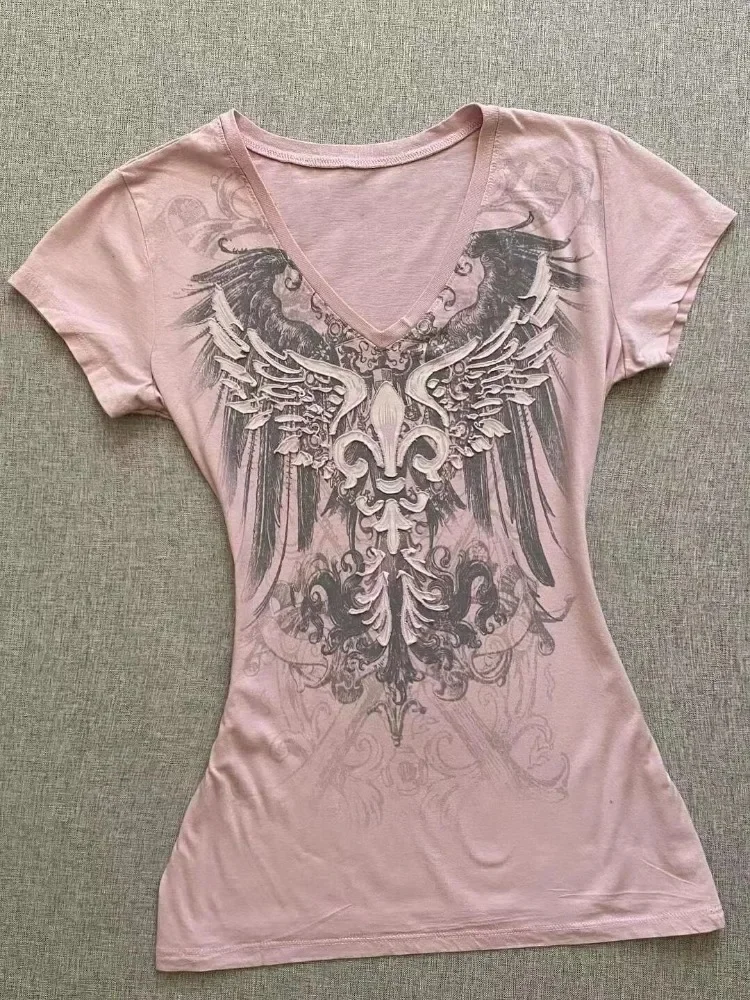 HOUZHOU Y2k Harajuku Grafik-T-Shirts für Damen, Vintage-Rosa, Gothic-bedruckte T-Shirts, kurzärmelige T-Shirts, amerikanische Retro-Ästhetik der 2000er Jahre