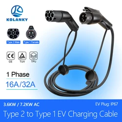 Portable 32A 7.2KW EV Charging Cable Type2 To Type1 For EV Hybrid PHEV Cars Full Lenght 3.5/4M with public charging stations