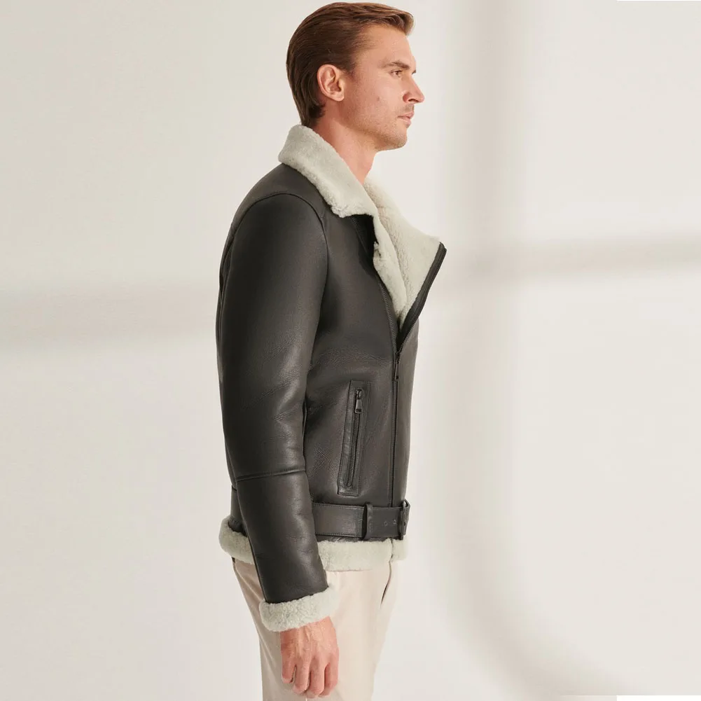 Denny&Dora Mens Shearling Jacket Leather Coat Black Fur Bomber Jacket Natural Sheepskin Shearling Jacket