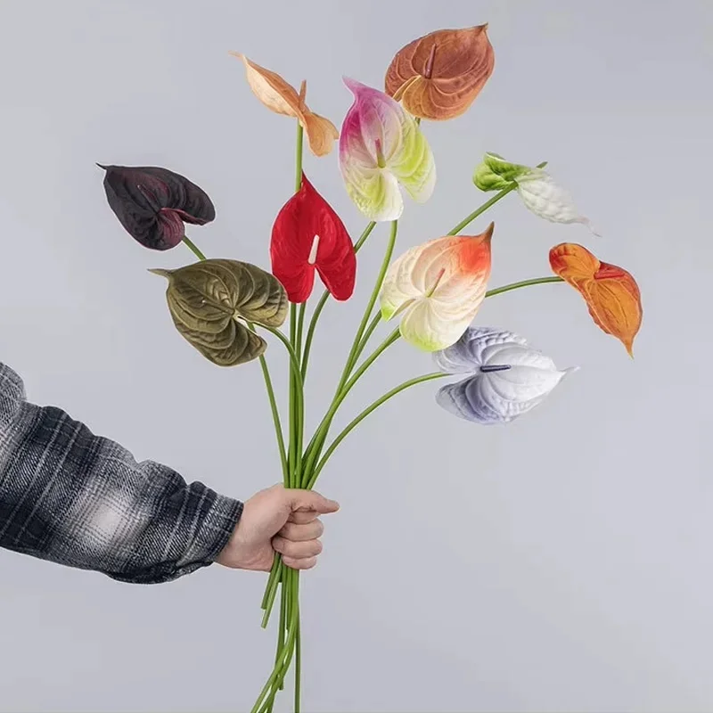 Bouquet de fleurs artificielles en PU Anthurium, 10 pièces/lot, décoration de mariage, fausses fleurs de palmier, Arrangement Floral de Table de fête à domicile