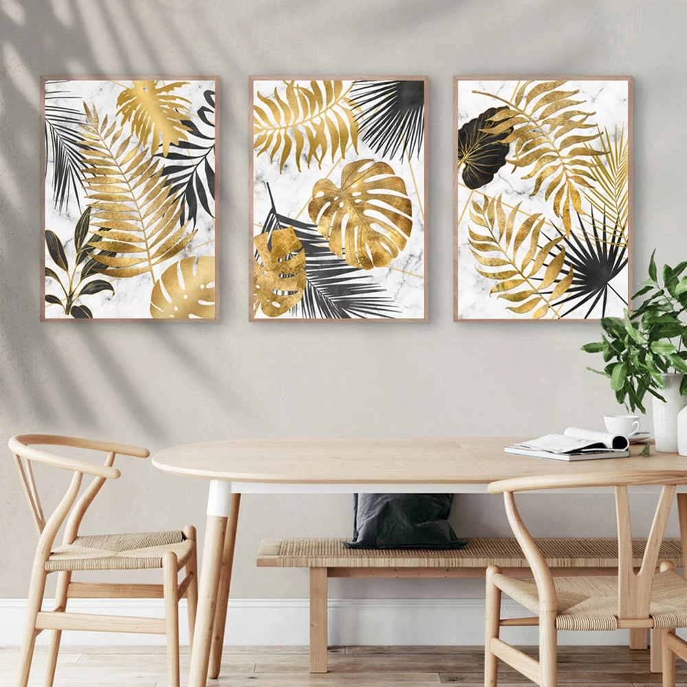 3PCS Frameless Abstract Golden Tropical Monstera Leaf Poster Still Life Pictures Canvas Painting for Living Room Home Wall Decor