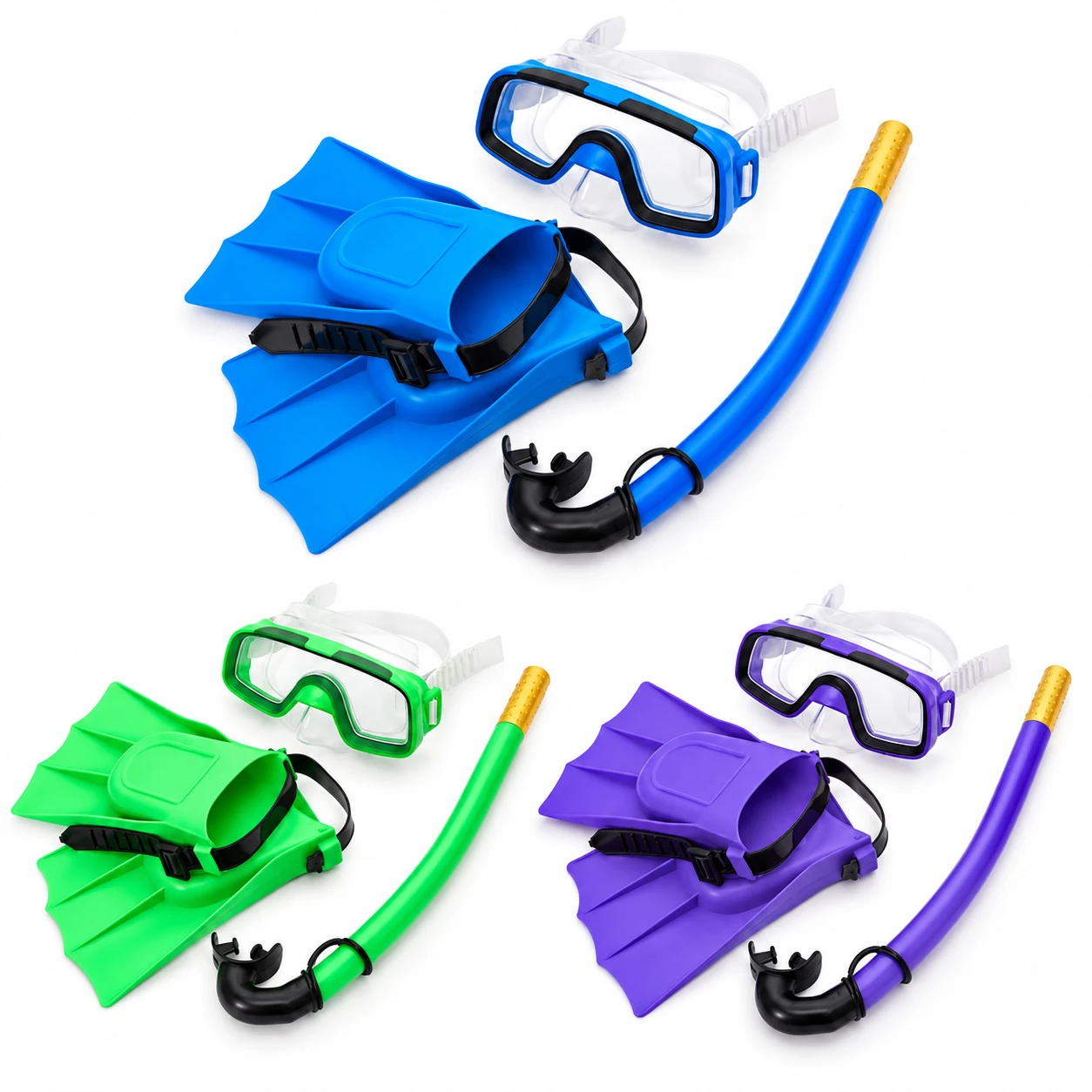 Set per snorkeling per bambini 3 in 1: maschera da immersione + boccaglio + pinne regolabili, ideale per piscina, spiaggia e attività di nuoto.