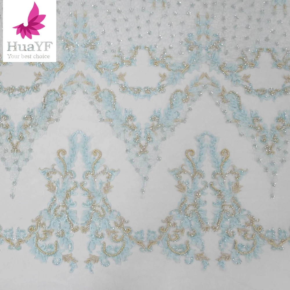 

High Quality Fashion Net Beads Tulle Lace Fabric With Pearls And Sequins For Party Dress HY1100