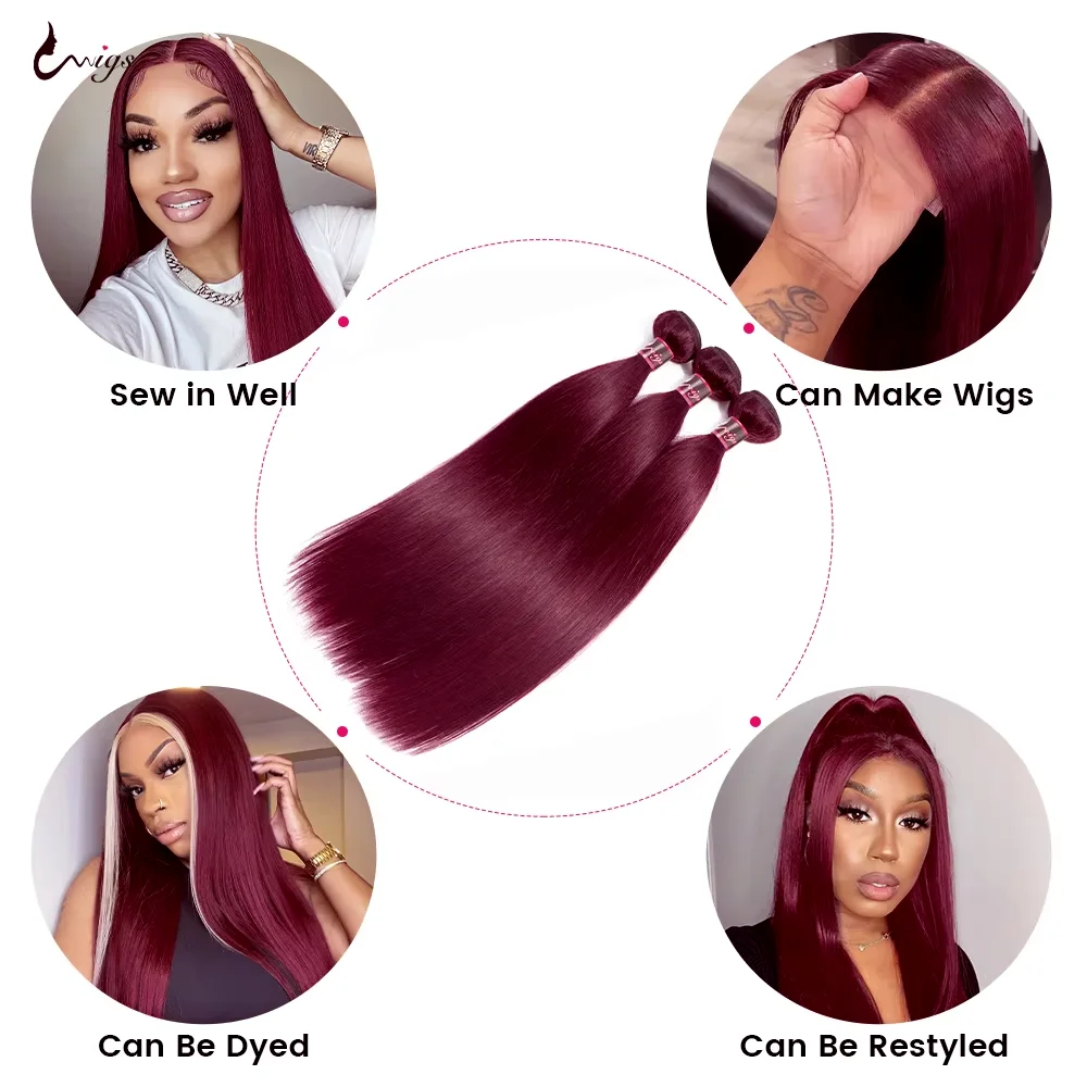 Uwigs Colored Burgundy Red 30 Inch Bundles Human Hair Bundles Brazilian Hair Extension 99J Silk Bundles Remy Weaves Bundles Hair