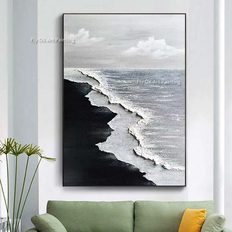 Modern Abstract Black And White Sea Waves Knife Thick Oil Painting On Canvas Abstract Hand Painted Large Wall Art For Home Decor