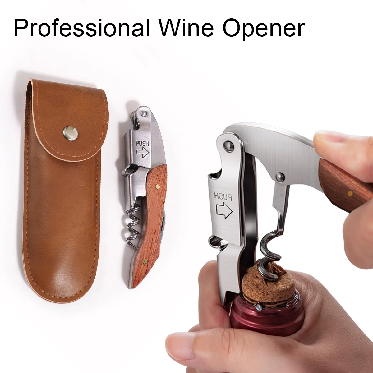 1 set Professional Wine Opener, Wooden Corkscrew with Leather Case, Brown Stainless Steel, Double-hinged Lever Design, Premium W