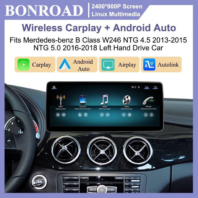 Bonroad, schermo touchscreen da 12,8 pollici, risoluzione 2400x900, sistema operativo Linux, lettore multimediale per auto, compatibile con Mercedes Benz Classe B W246 (2013-2018), sistema NTG