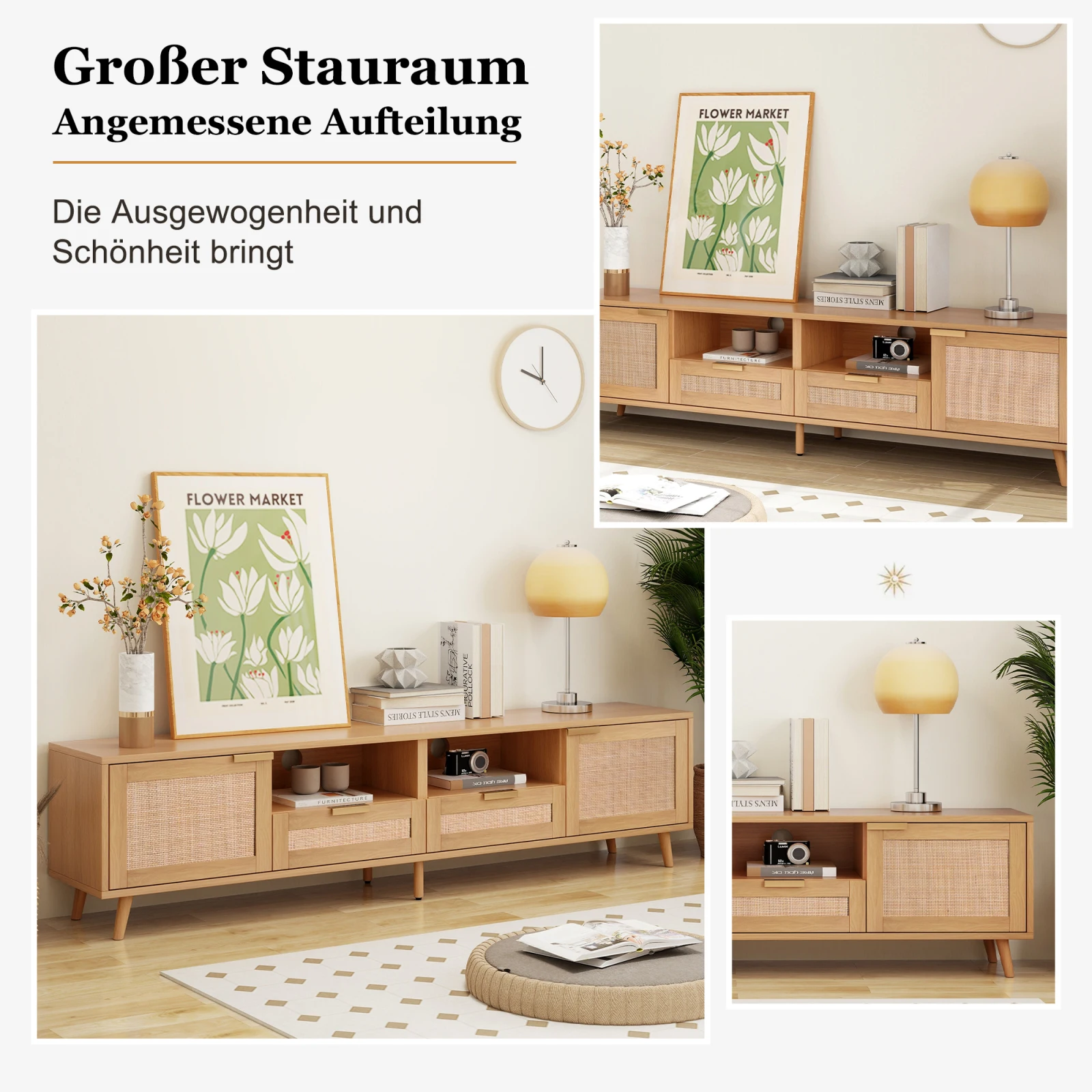 TV-Konsolen tisch, 200*37*49cm, TV-Schrank mit echtem Rattan-Design, TV-Schrank mit Massivholz füßen, geflochtene Rattan-TV-Boards