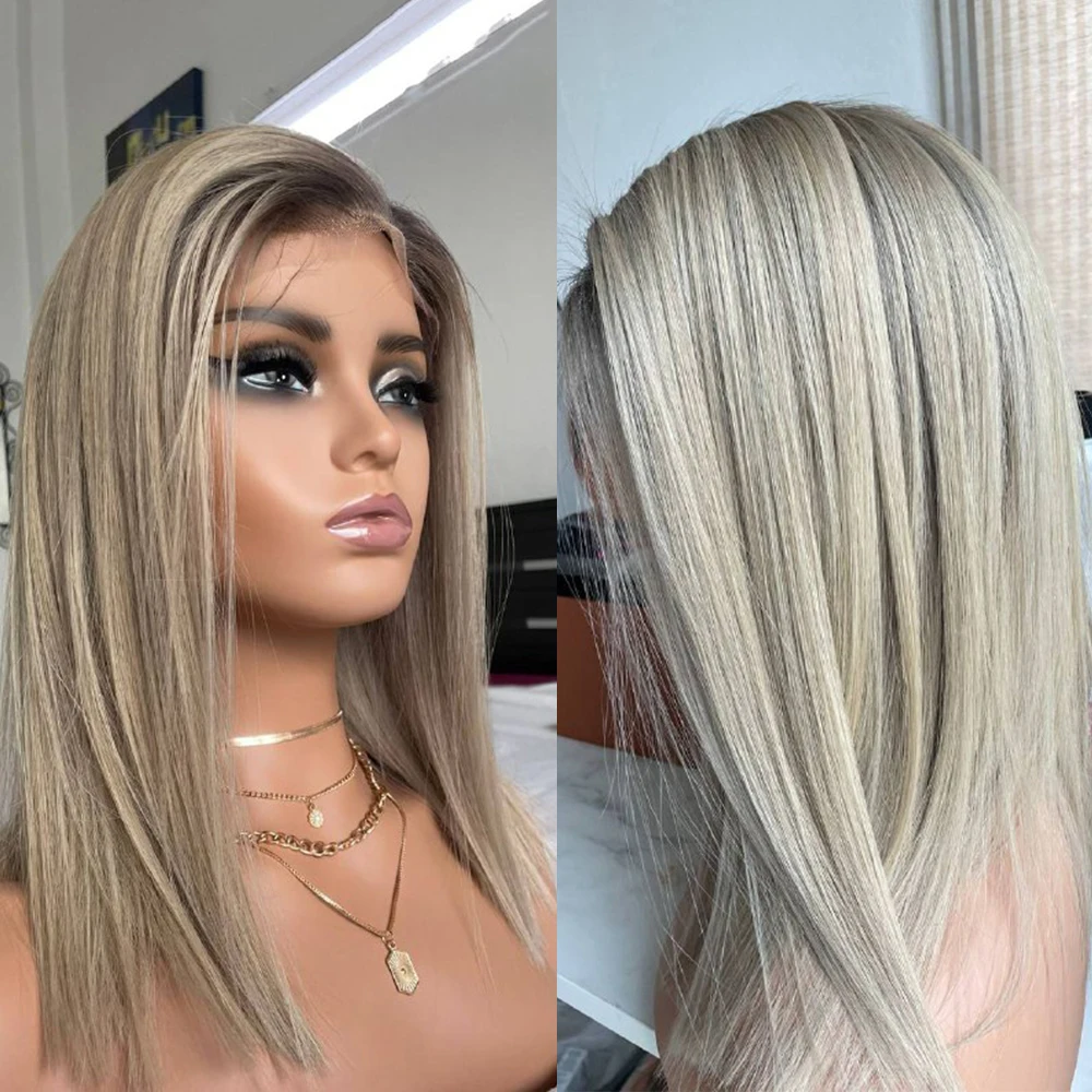 

Ash Blonde Long Bob Wig Ombré Virgin Human Hair Dark Root Melt Wig Premium Hair Lace Front Wig 14" 150% Density