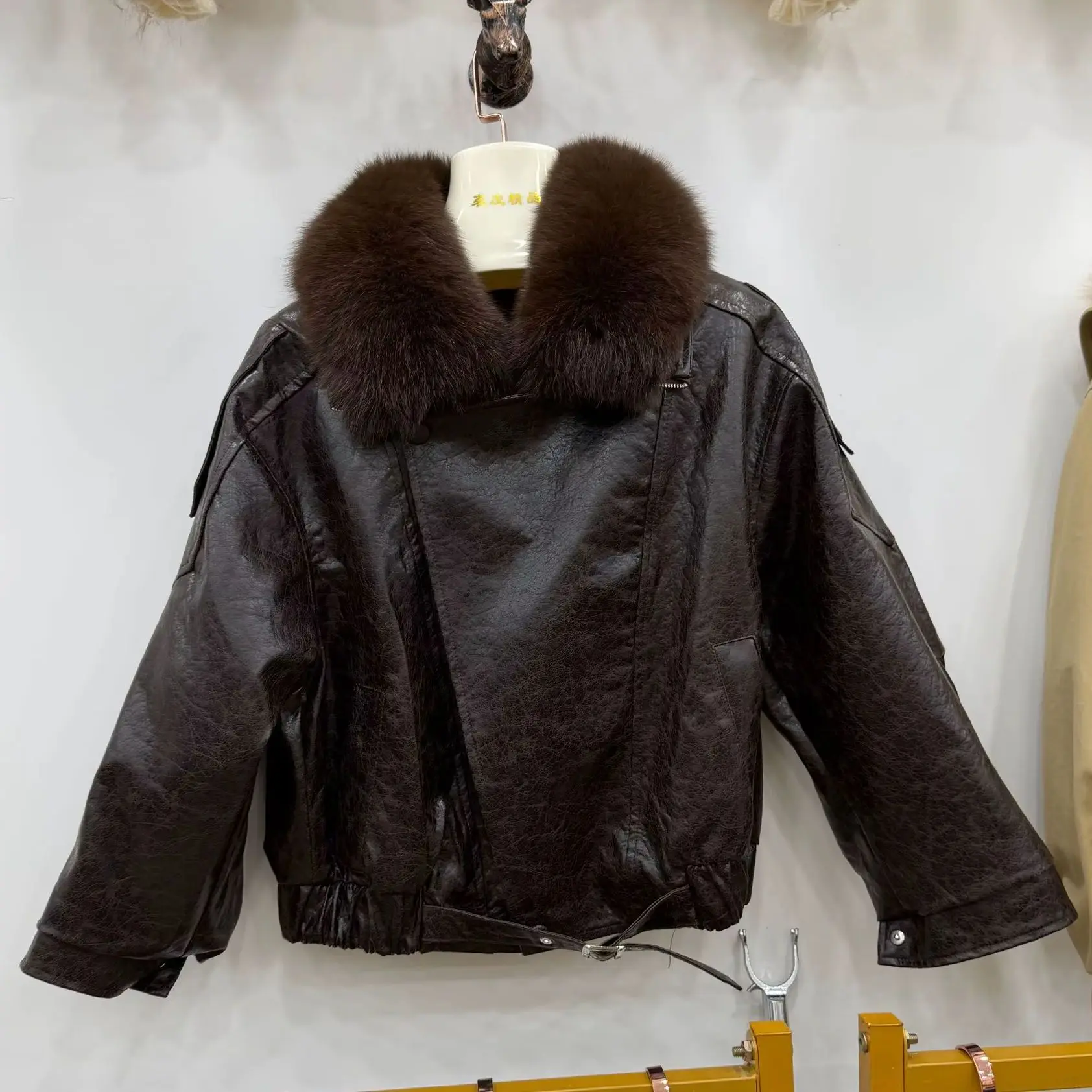 Women Short PU Leather Down Jacket Removable Fox Fur Collar Vintage Motorcycle Coat Winter Warm Loose Outwear