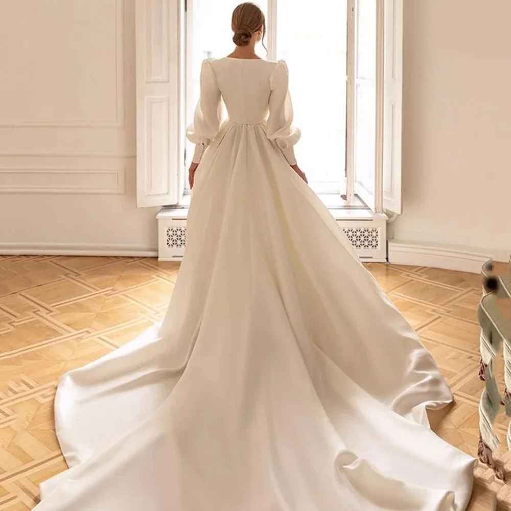 Customized Square Neck Wedding Dress Detachable Long Puffy Sleeves A Line Bridal Gown Lace Up Back Court Train Vestidos De Novia