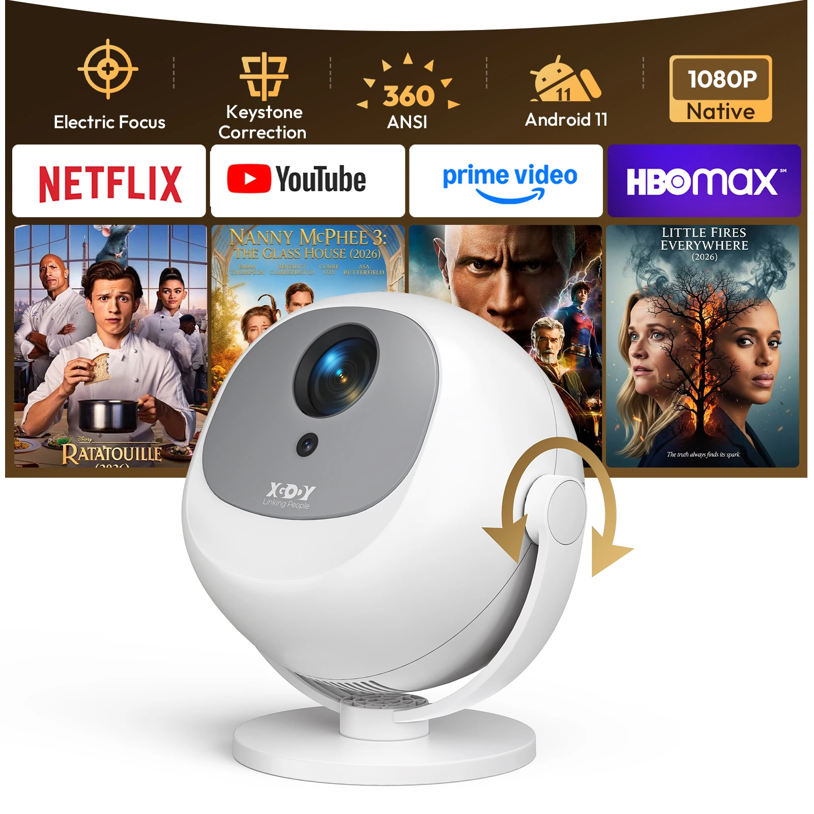 XGODY 4K Projector Android 11 Electric Focus Mini Beamer 360 ° ANSI 1920x1080p Home Theater DE Local Warehouse Portable