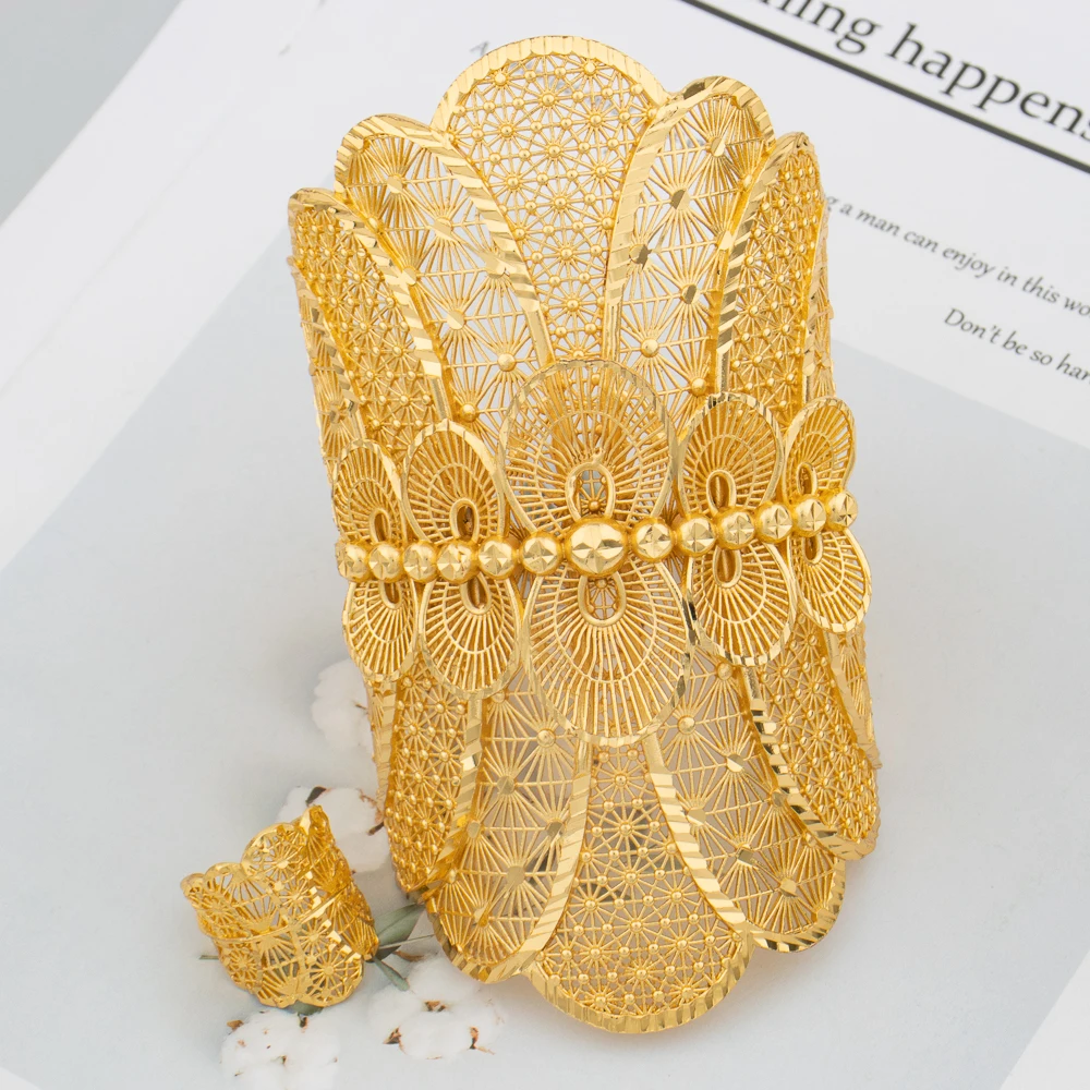 Dubai Manschettenarmreif Damen Arabisch 18K vergoldet Armband Ring Luxus Großer runder Schmuck Kupfer Hochzeit Äthiopien Brautgeschenke – Detail 7