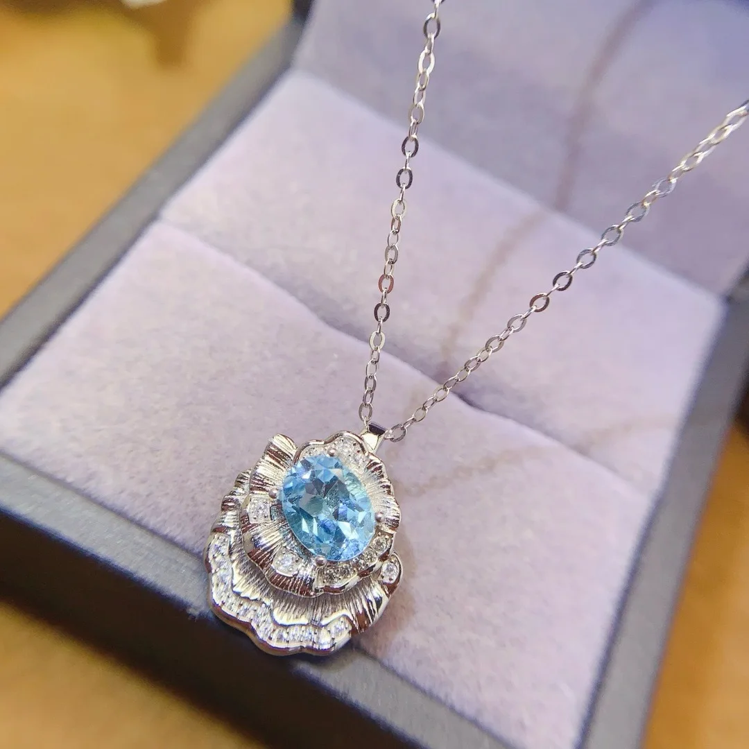 Boutique Jewelry Girl Blue Topaz Pendant Necklace 925 Pure Silver Plated Platinum Scarce Gift for Girlfriend Wedding Birthday
