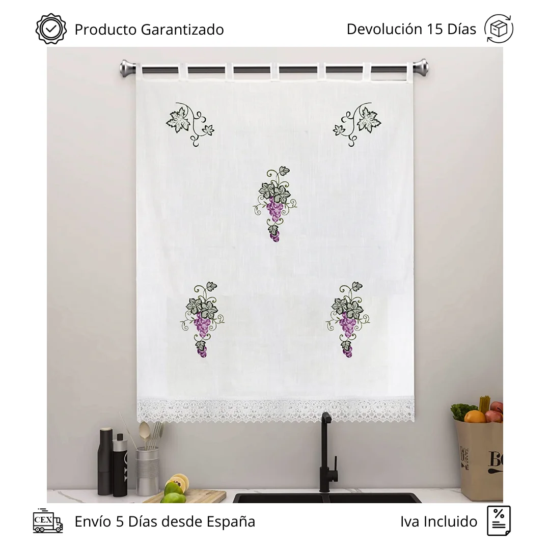 Curtain for rustic kitchen embroidered in bouquets lilac grapes highest quality in various sizes, wide and long. Spain 24h.