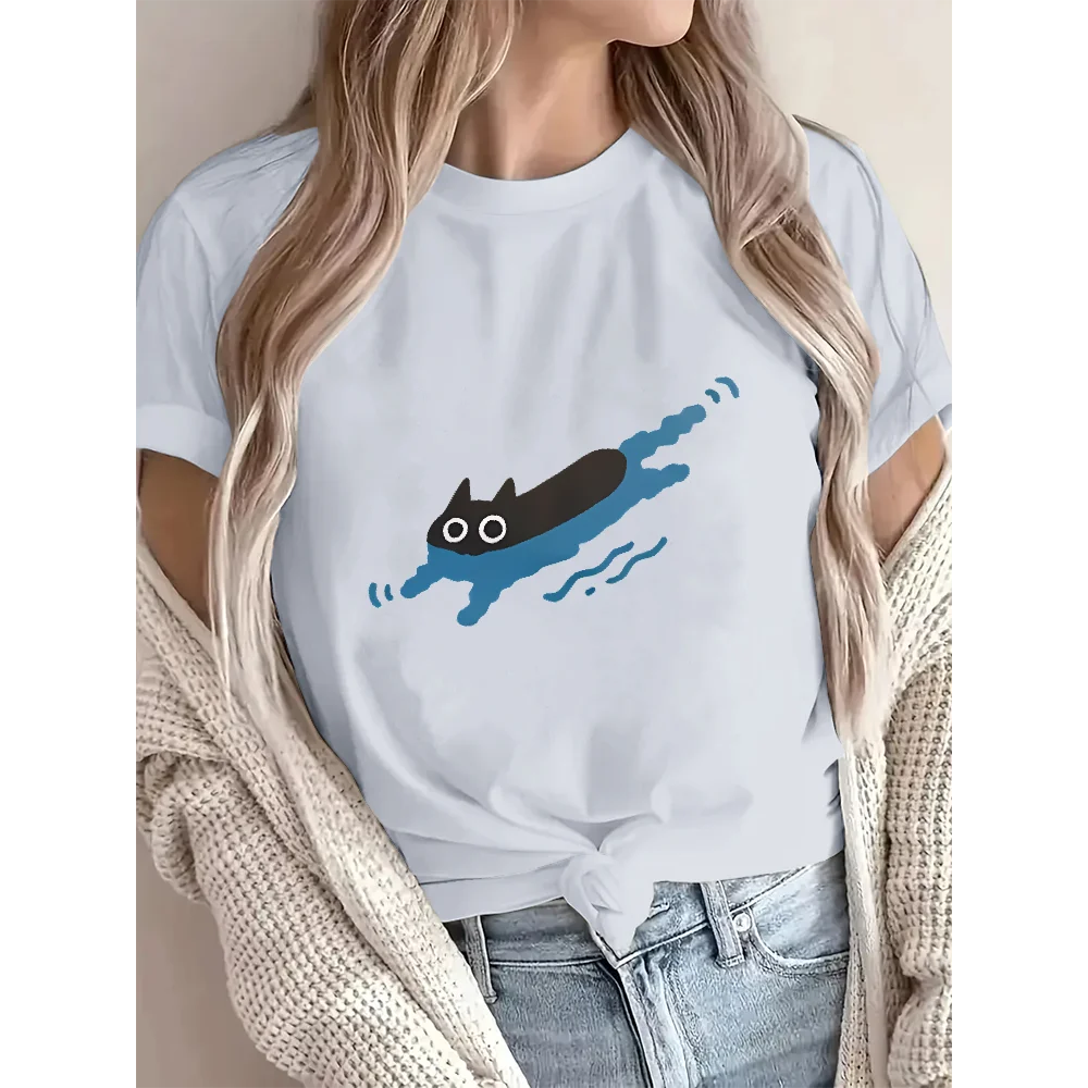 

Swimming Black Cat Diving Shoulder Short Sleeved T-shirt Men Women Breathable Casual Pure Cotton Loose Tops Couple Tees