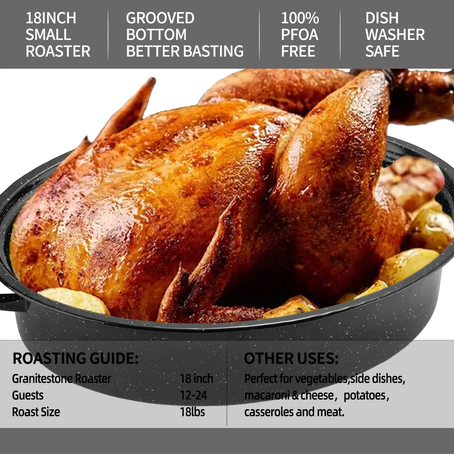 Granite Roasting Pan, 18” Enameled Roasting Pan with Domed Lid. Oval Turkey Roaster Pot, Broiler Pan Great for Turkey, Chicken,