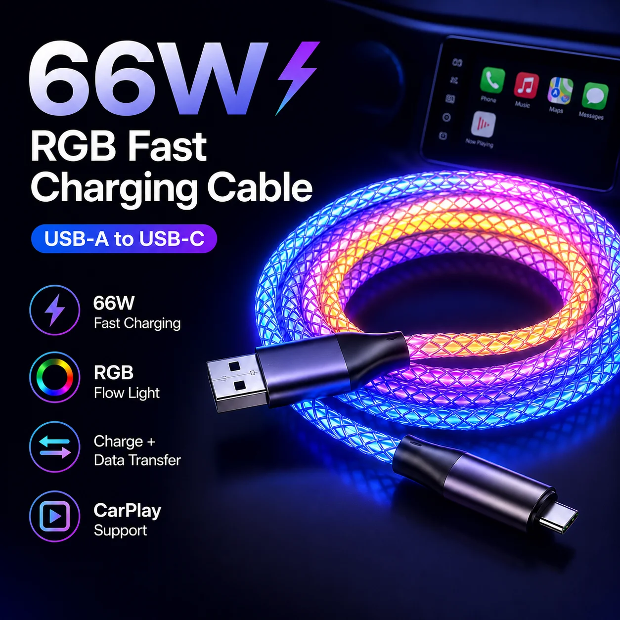 66W RGB Flow USB-C Kabel mit LED-Beleuchtung – Schnelles Lade- und Datenkabel Typ C für Telefon, Tablet, Laptop, Auto, Nachtgebrauch und Reisen