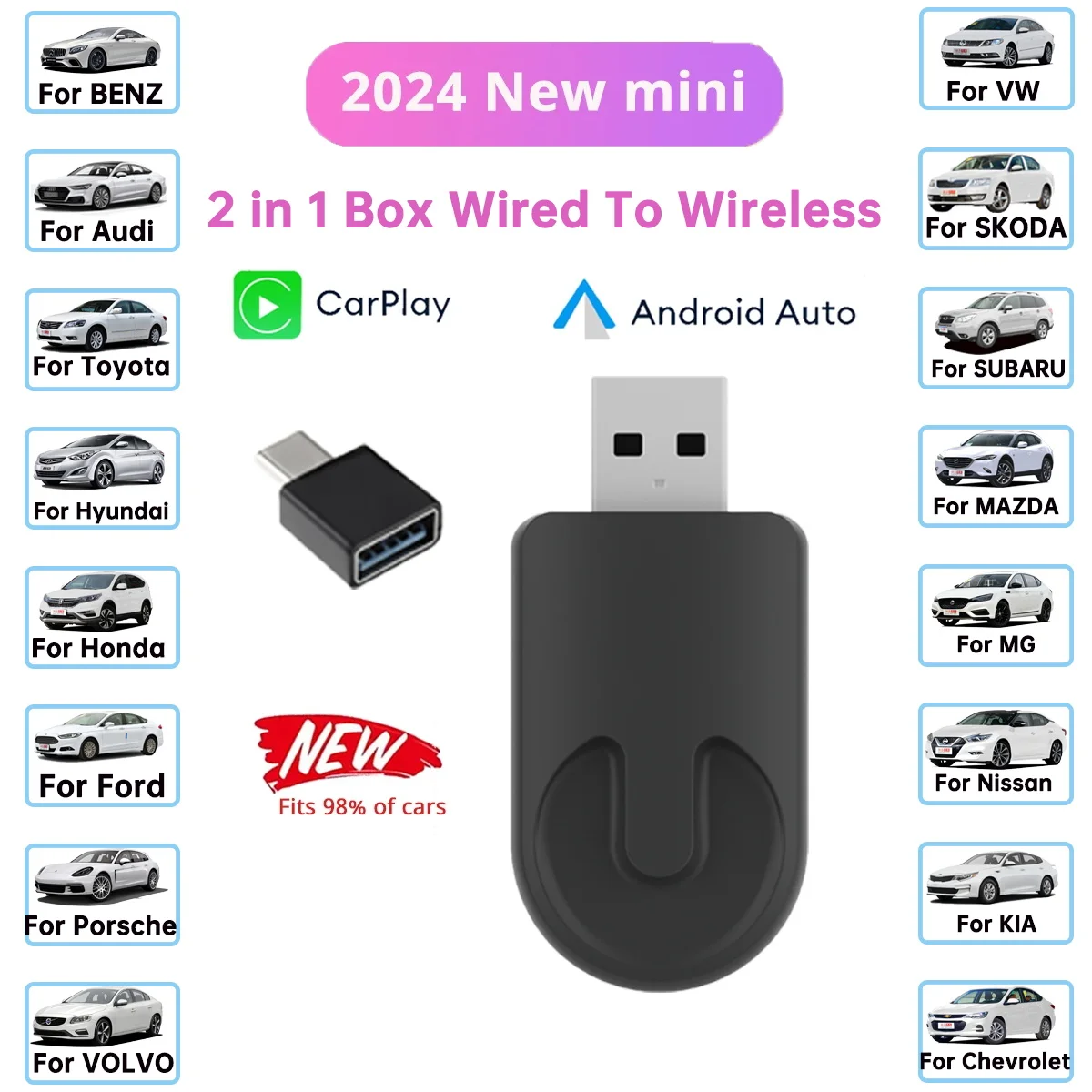 AI Mini Box Wired to Wireless Carplay& Android Auto Smart Dongle Plug And Play 5Ghz WiFi BT 5.0 Keep the Original Carplay