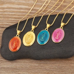 Nidin New Arrival Retro Elliptical Shape Pendant Necklace 4 Colors For Women Virgin Mary Believer Clavicle Chain jewelry Gifts