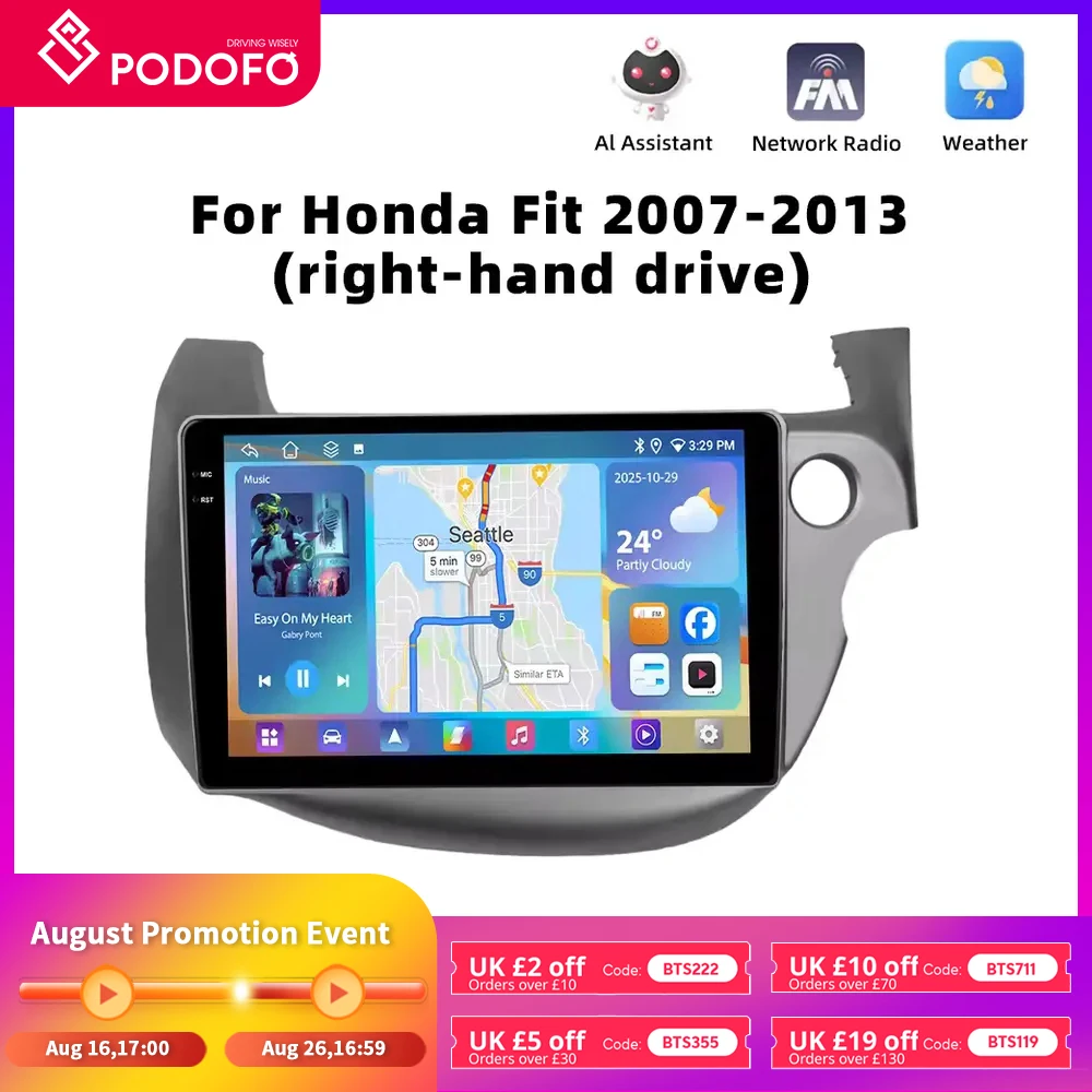 Podofo For Honda Fit 2007-2013 4GB+64GB Car Radio Wireless Carplay Android Auto Multimedia Video Player Mirror Link 10 Inch GPS